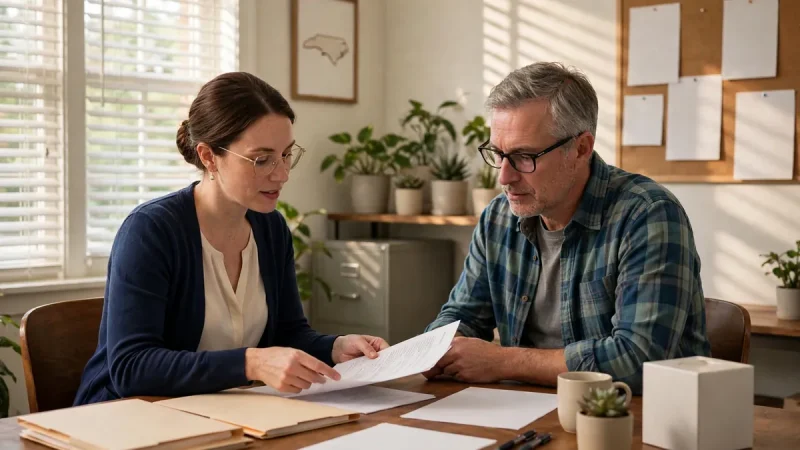 Adviser reviewing paperwork with a client in a Greensboro legal aid office, illustrating expert guidance for urgent legal needs