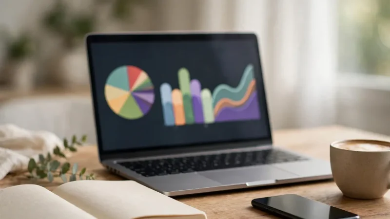 Remote worker's desk with laptop showing marketing analytics, representing digital marketing in the remote economy