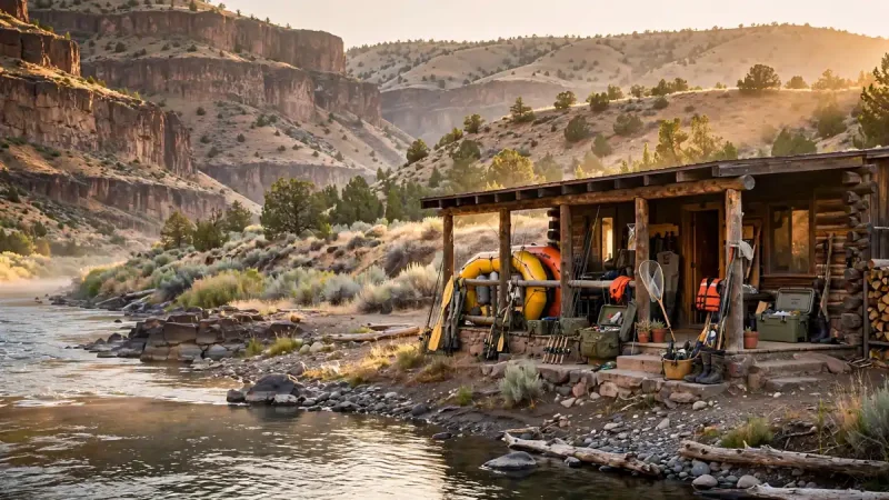 Maupin Oregon hotels and river lodge on the Deschutes River canyon at sunrise