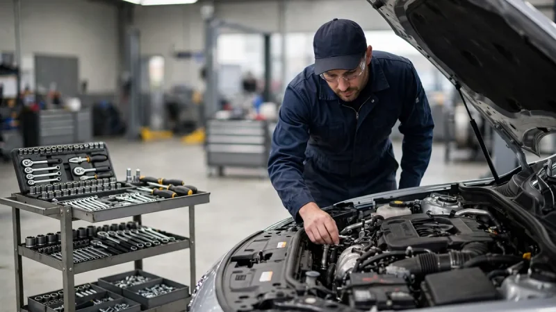 Mechanic performing reliable car care service at an auto repair shop