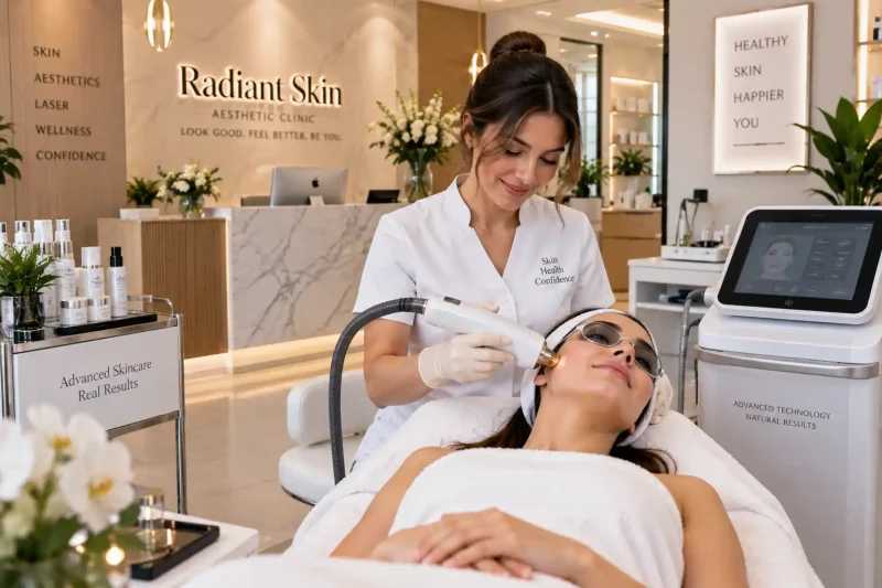 Medcap Health & Beauty Institute showing a modern medical spa treatment room with an aesthetician and client