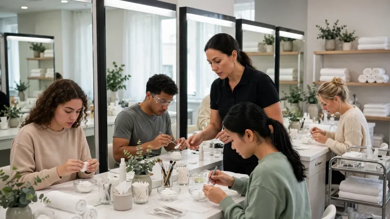 Beauty school students practicing skincare techniques at mirrored training stations with an instructor