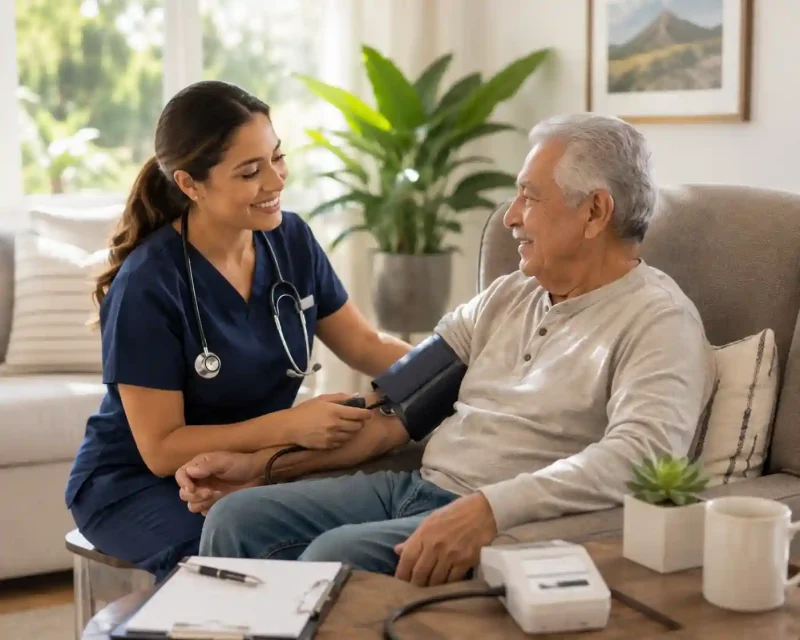 Memorial Home Health Services showing a registered nurse providing clinical monitoring and skilled care to a senior patient at home