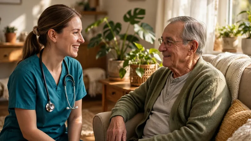 Home health nurse providing compassionate care to a senior patient at home