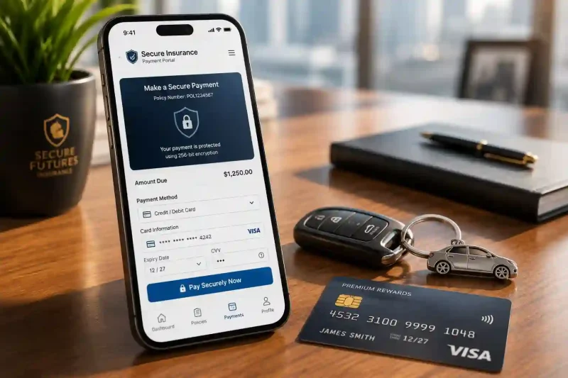 Mendota insurance payment showing a smartphone app on a wooden desk with car keys and credit card