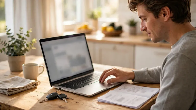 Driver paying an auto insurance premium online at home, illustrating Mendota Insurance payment options