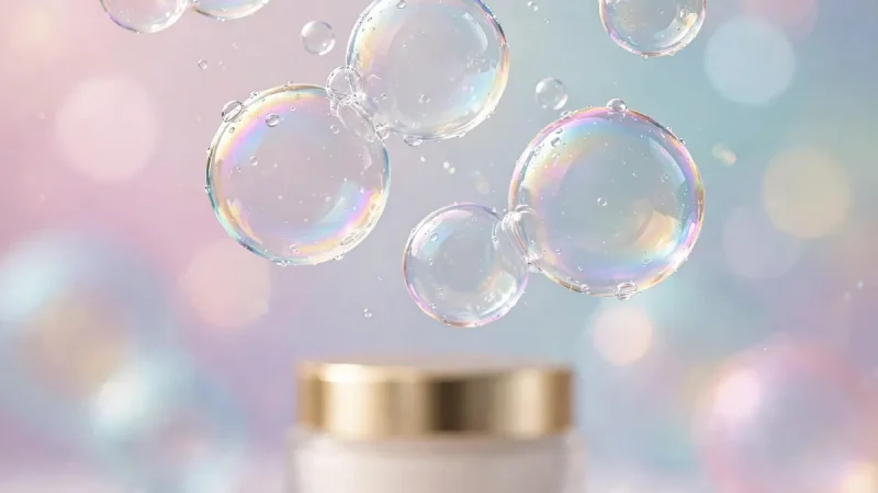 Glossy bubbles floating above a moisturizer jar, representing the bubble skincare logo trend