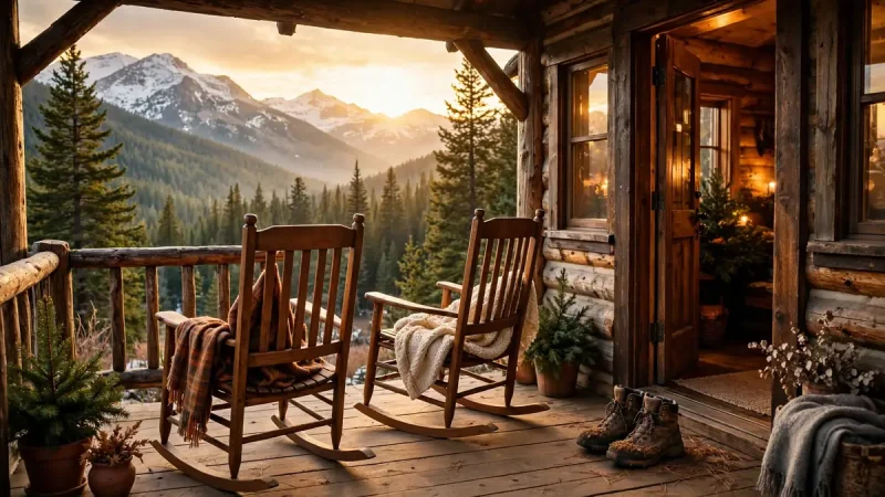 Lodge porch with rocking chairs facing Montana mountains at golden hour, illustrating Montana lifestyles blending adventure and comfort