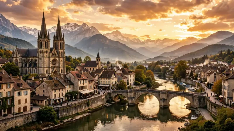 Panoramic view of historic European old town with cathedral spires and river bridge at golden hour