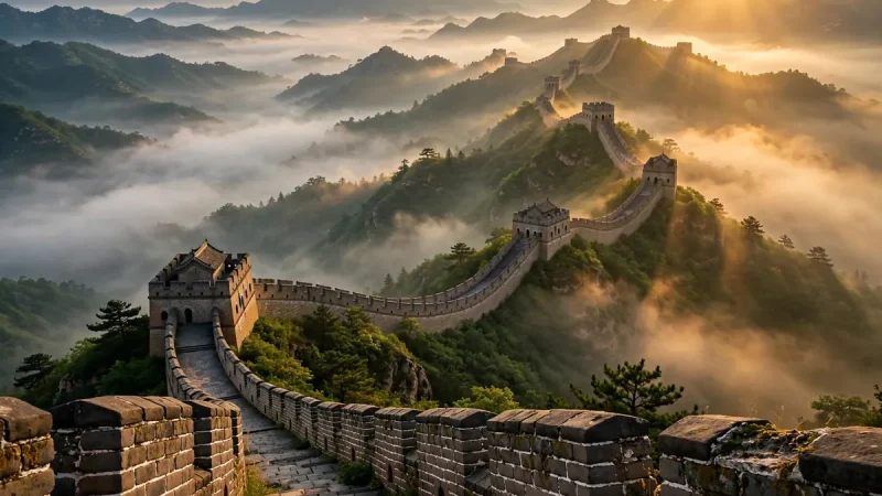The Great Wall of China winding across misty mountain ridges at sunrise