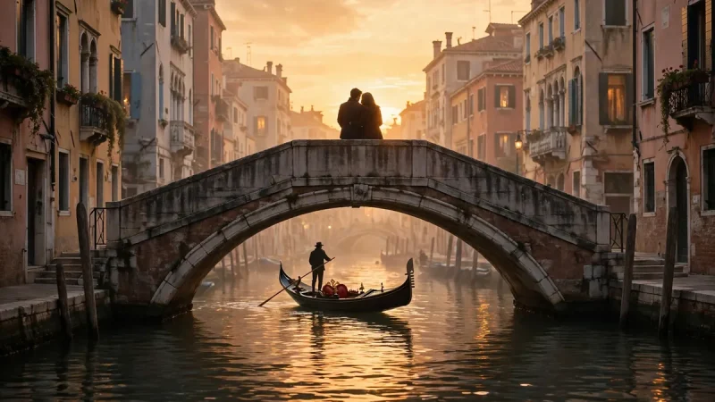 Couple on a Venetian canal bridge at sunset with a gondola passing below