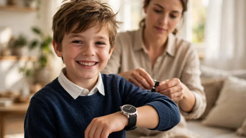 Child proudly wearing a Movado Junior Sport style analog watch as a first real wristwatch
