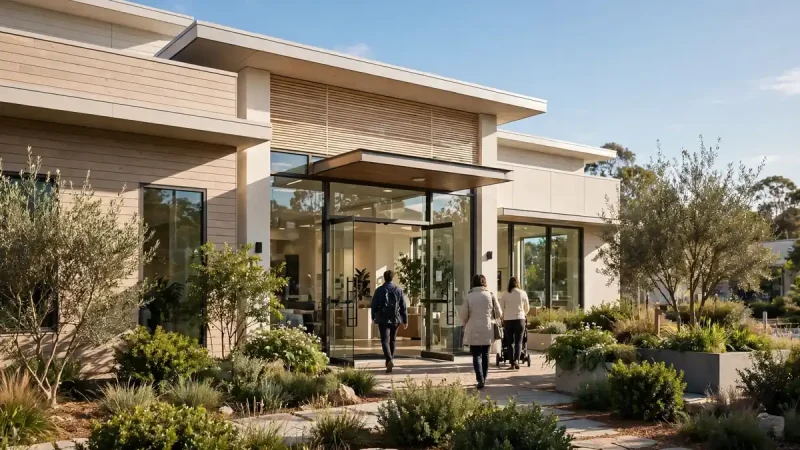 Modern community health center building entrance with welcoming landscaped exterior