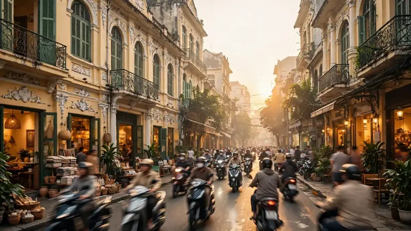 Motorbikes streaming past colonial architecture on a Ho Chi Minh City street at golden hour
