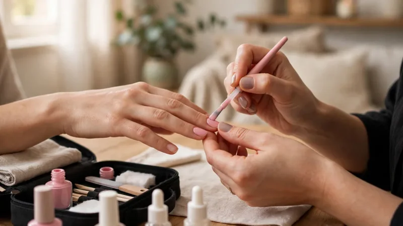 Nail technician performing a professional manicure during an at-home nail salon home service