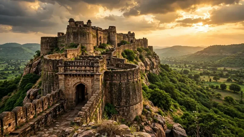 Ancient hill fort with stone ramparts near Hyderabad at golden hour