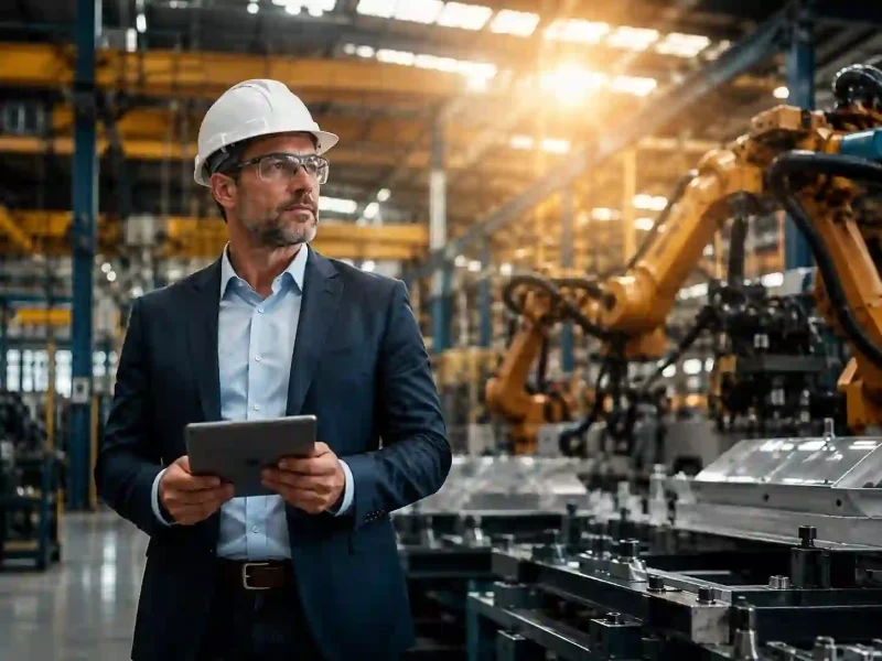 Northmill equipment finance showing a business owner inspecting advanced industrial machinery in a modern factory