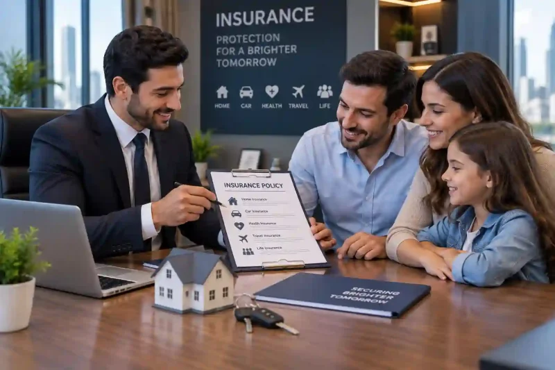 NWA insurance showing an advisor reviewing policy documents with a family in a modern office
