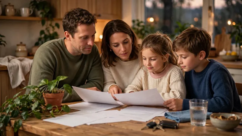 Family reviewing home and auto insurance documents together at a kitchen table