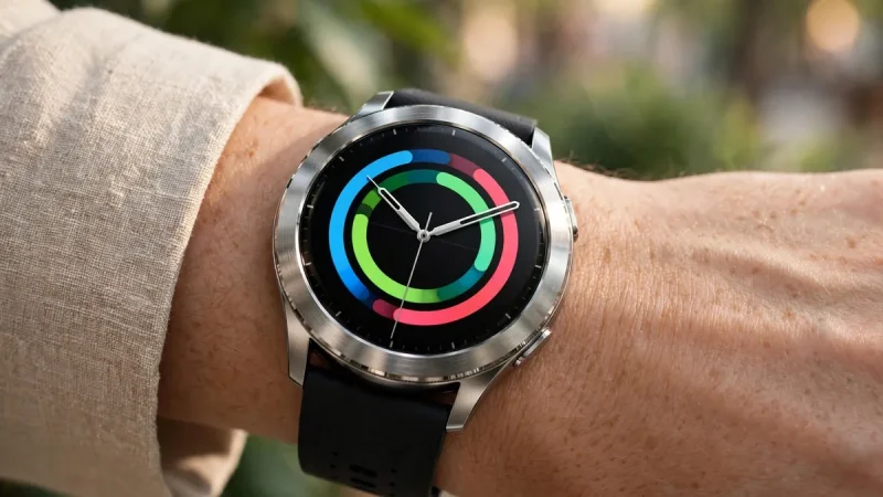 Round-dial Pebble Cosmos Vault style smartwatch with AMOLED display on a wrist