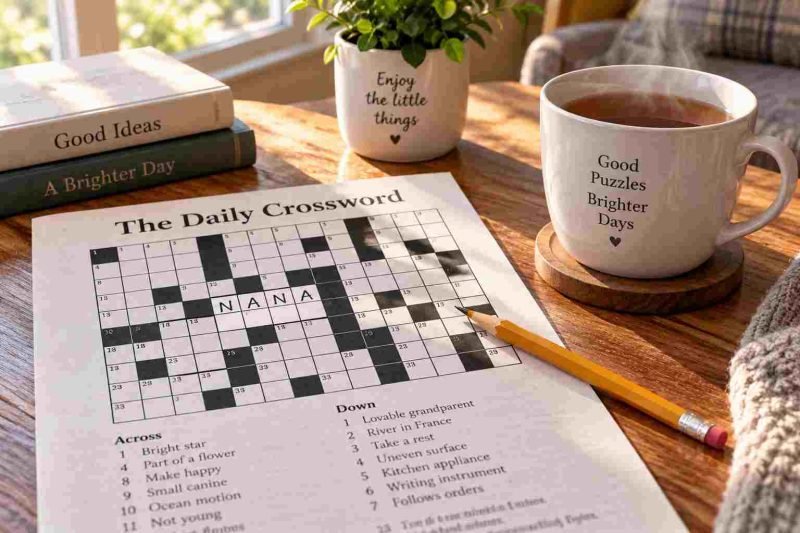 Peter Pan dog crossword puzzle grid with pencil and warm morning tea