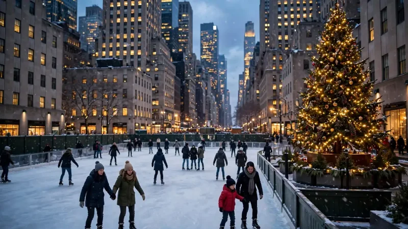 Ice skaters in Manhattan at dusk with falling snow and glowing skyscrapers behind