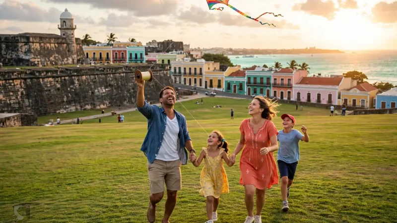 Family flying a kite on the lawn at El Morro fortress in Old San Juan, Puerto Rico
