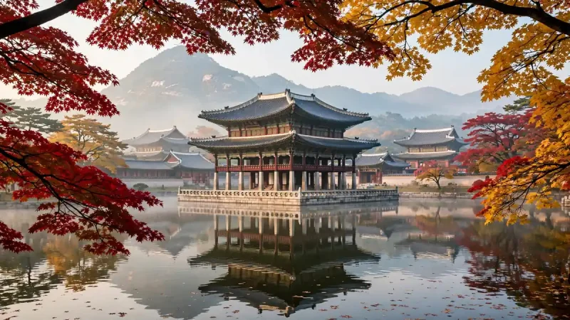 Gyeongbokgung Palace surrounded by red and gold autumn maples in Seoul, Korea