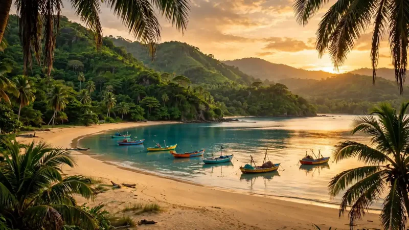 Fishing boats on a calm bay at sunset in St Mary, Jamaica