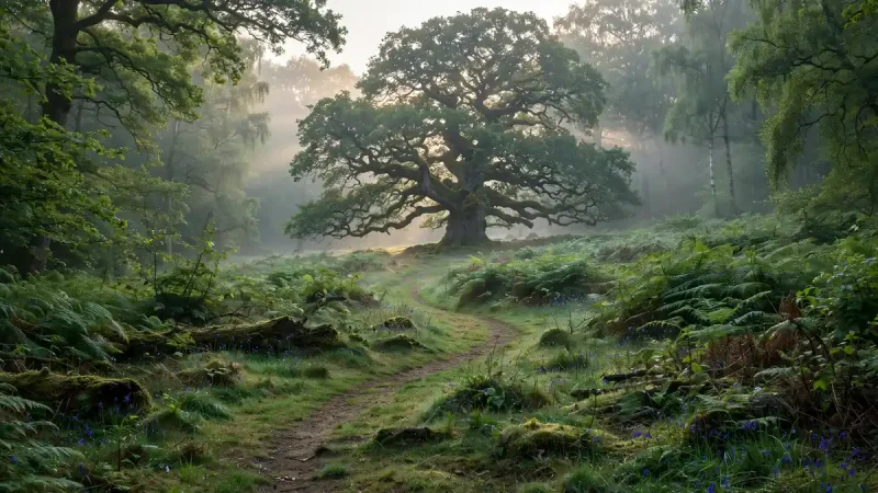 Ancient oak tree on a woodland path in Sherwood Forest, East Midlands