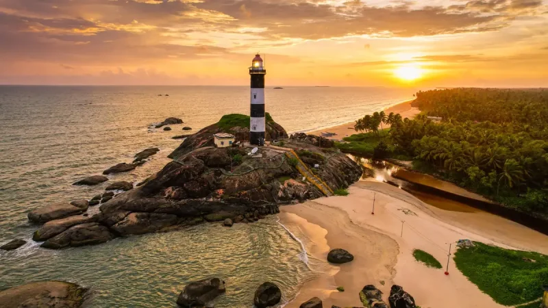 Kapu Beach lighthouse at sunset near Udupi on the Karnataka coast