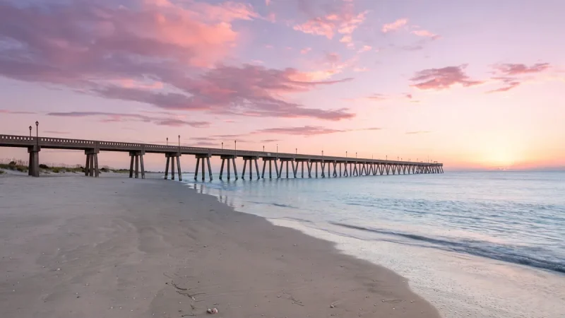 Sunrise over the pier and wide sandy shore at Wrightsville Beach North Carolina