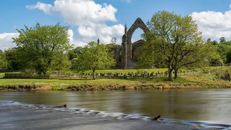 Kirkstall Abbey ruins beside the River Aire, a historic place to visit near Leeds in West Yorkshire