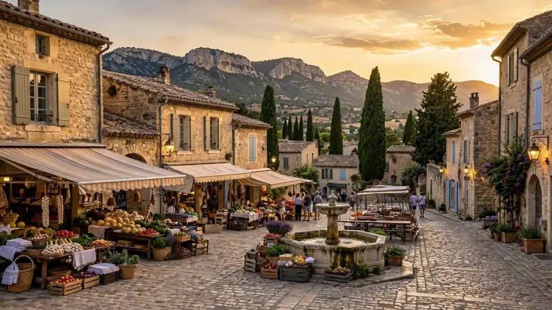 Stone lanes and market square in Saint-Rémy-de-Provence beneath the Alpilles mountains