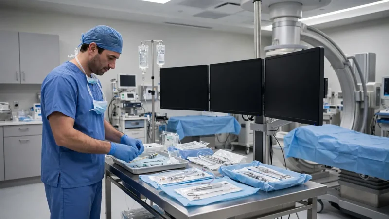 Cardiac invasive specialist preparing equipment inside a modern cath lab
