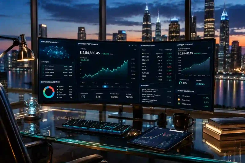 RCO Finance potential returns showing an AI-driven trading dashboard with cross-asset analytics and growth charts