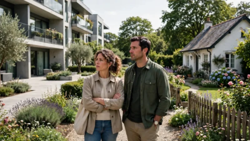Couple standing on a garden path between a modern apartment building and a small house with a front garden, weighing renting vs buying a house pros and cons