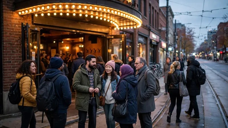 Crowd arriving at a Toronto music venue at night, illustrating digital marketing ROI for arts and entertainment firms