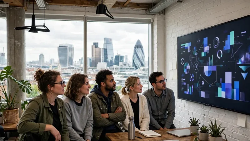 London IT firm team reviewing marketing pipeline and ROI figures together