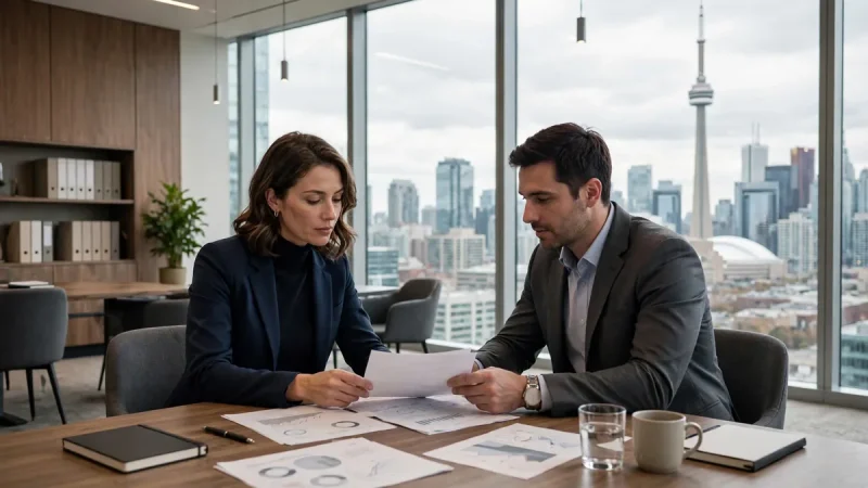 Toronto law firm partners reviewing digital marketing results with skyline behind them