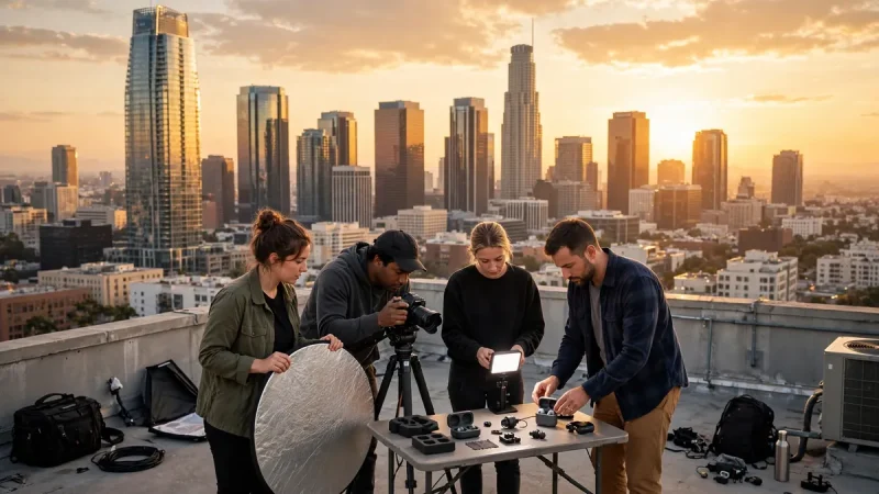 Los Angeles skyline at golden hour with a brand team creating content, illustrating scaling advertising and marketing growth in Los Angeles