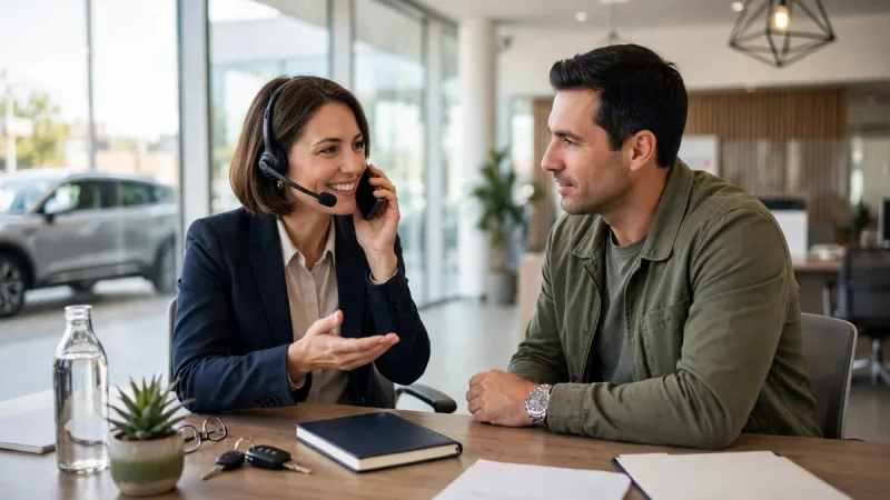 Auto customer service adviser helping a car owner with loan support and trust questions