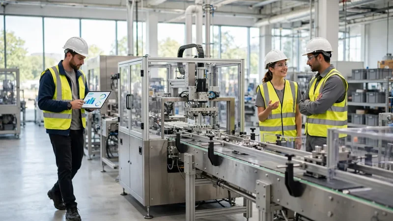 Engineer using a simple dashboard on a modern factory floor