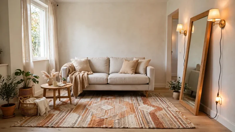 Cosy small apartment living room decor ideas on a budget with a floated sofa, large rug, leaning mirror, and warm plug-in lighting