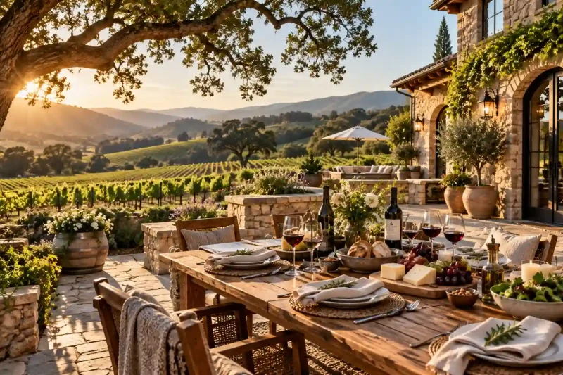 Sonoma lifestyle showing a sunlit vineyard estate with rustic stone architecture and farm-to-table dining