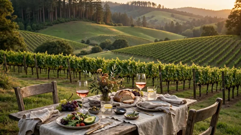 Vineyard rows and rolling hills in Sonoma County at golden hour with a farmhouse table outdoors