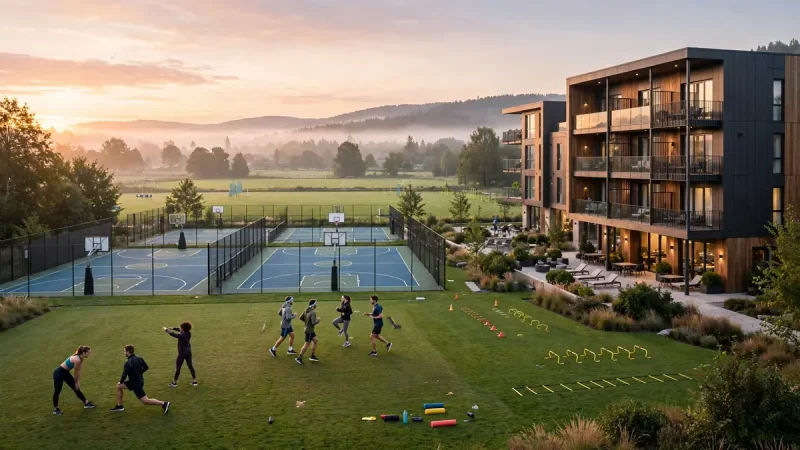 Modern sport hotel with outdoor courts and training fields at sunrise, an active luxury and adventure destination