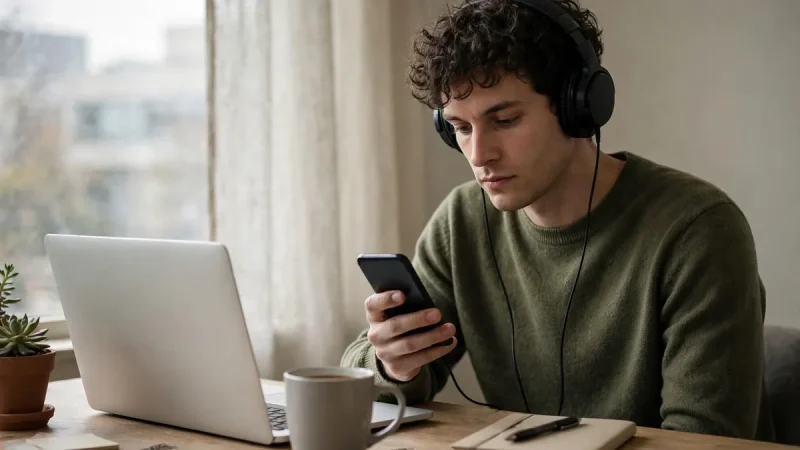 Listener with headphones and a phone as news breaks about Spotify and big tech job cuts