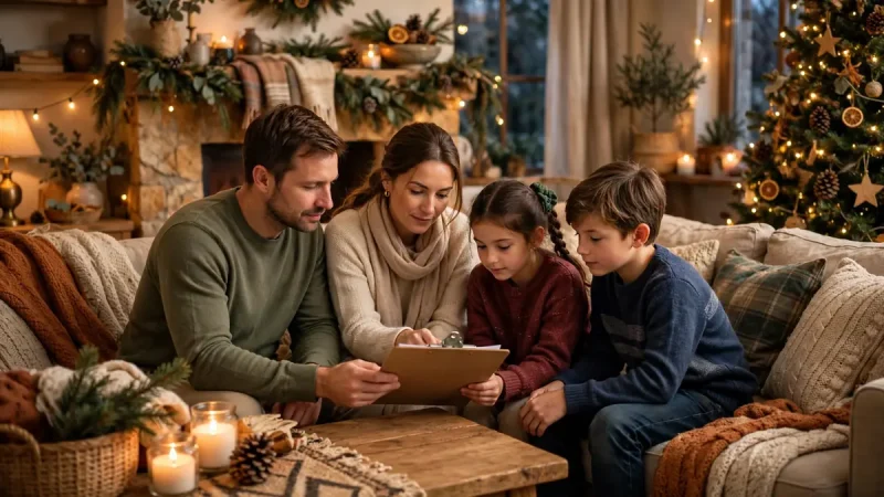 Calm family enjoying a safe, mindful holiday living room, illustrating secura lifestyle happy hallidays risk prevention