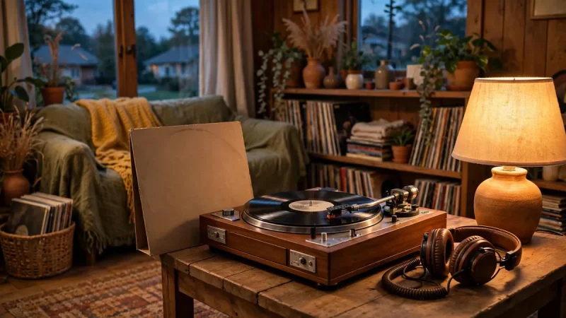 Turntable playing a Switchfoot Beautiful Letdown style vinyl record in a warm living room